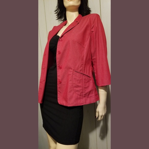 💋Vintage 90s EXPRESS Stretch RED Denim Blazer Jacket - Picture 5 of 8